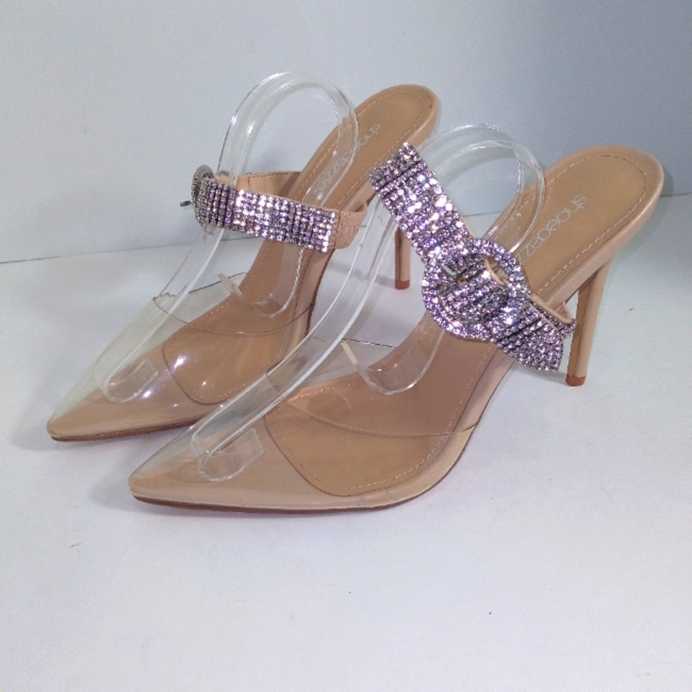Rhinestone Buckle Strap Nude & Clear Slide On Heels Women's Size 10- NWOT